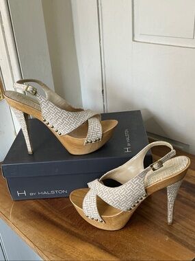 H by Halston Neutral Patterned Platform Slingback Heels